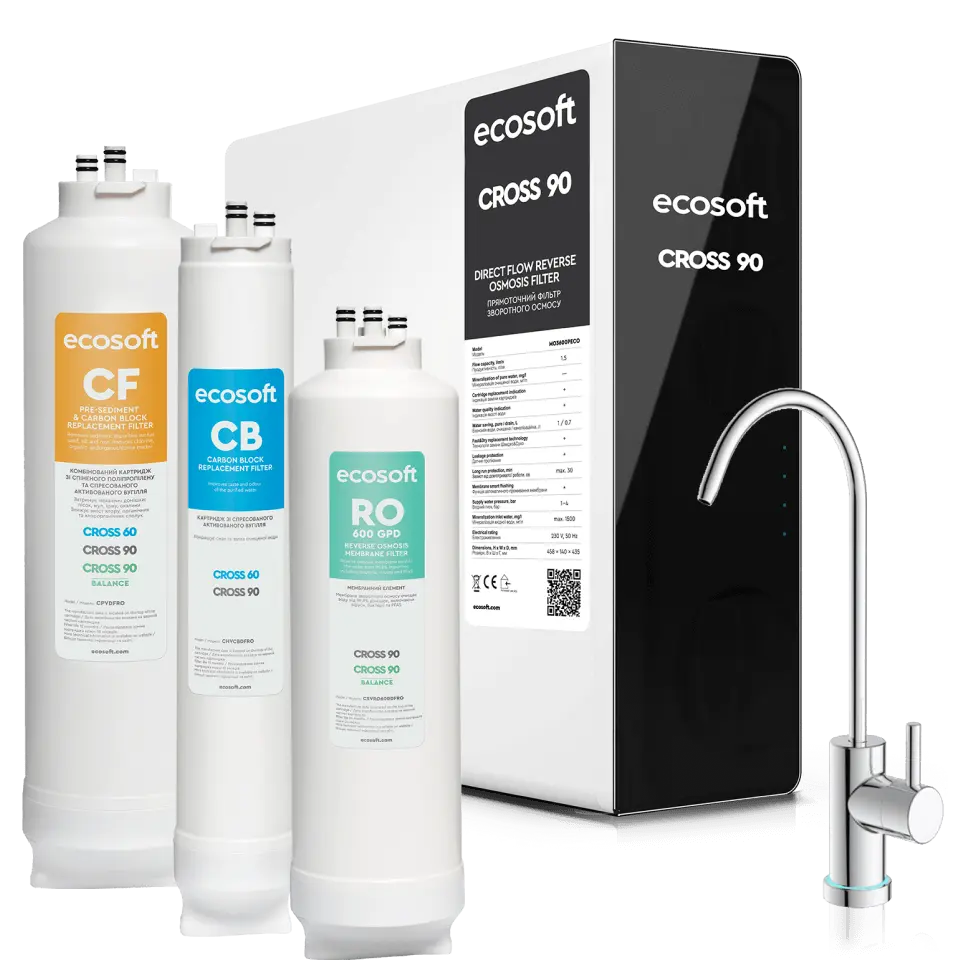 Ecosoft CROSS90 - Filtre à eau par osmose inverse à flux direct. Eau fraîche et pure sur demande.